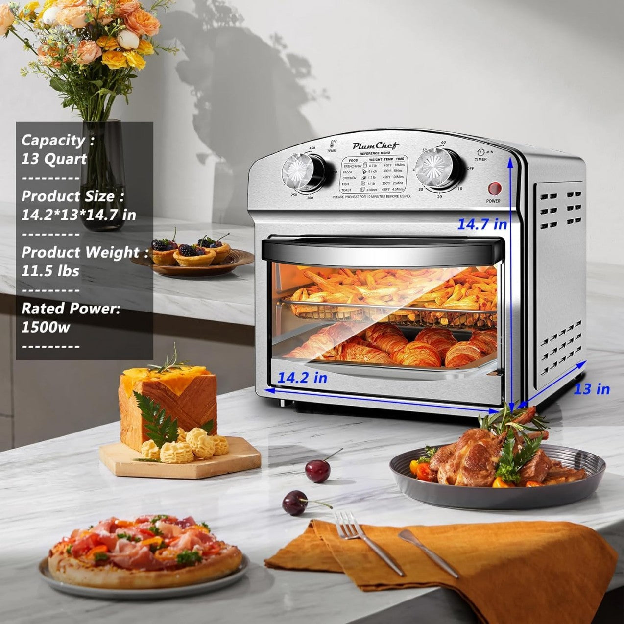 Stainless Steel 13 Qt Air Fryer, Dual Knob Control, 60-Min Timer, Presets For French Fries, Pizza, Chicken, Fish, And Toast Sleek Design, Healthy Cookie