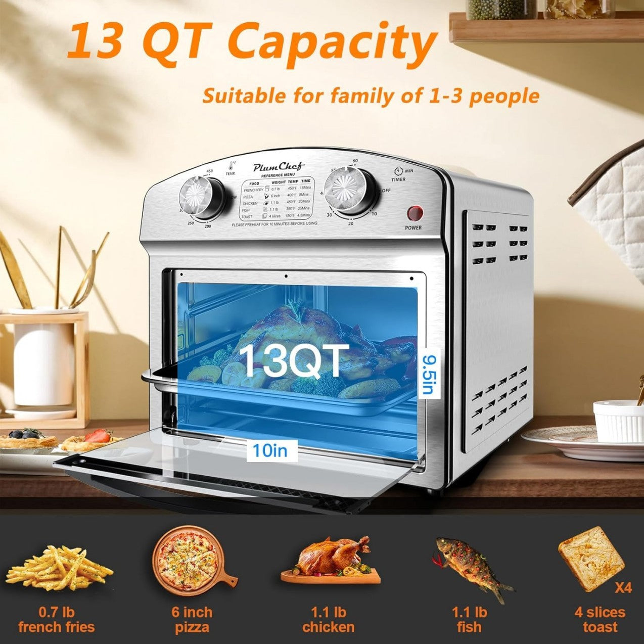 Stainless Steel 13 Qt Air Fryer, Dual Knob Control, 60-Min Timer, Presets For French Fries, Pizza, Chicken, Fish, And Toast Sleek Design, Healthy Cookie