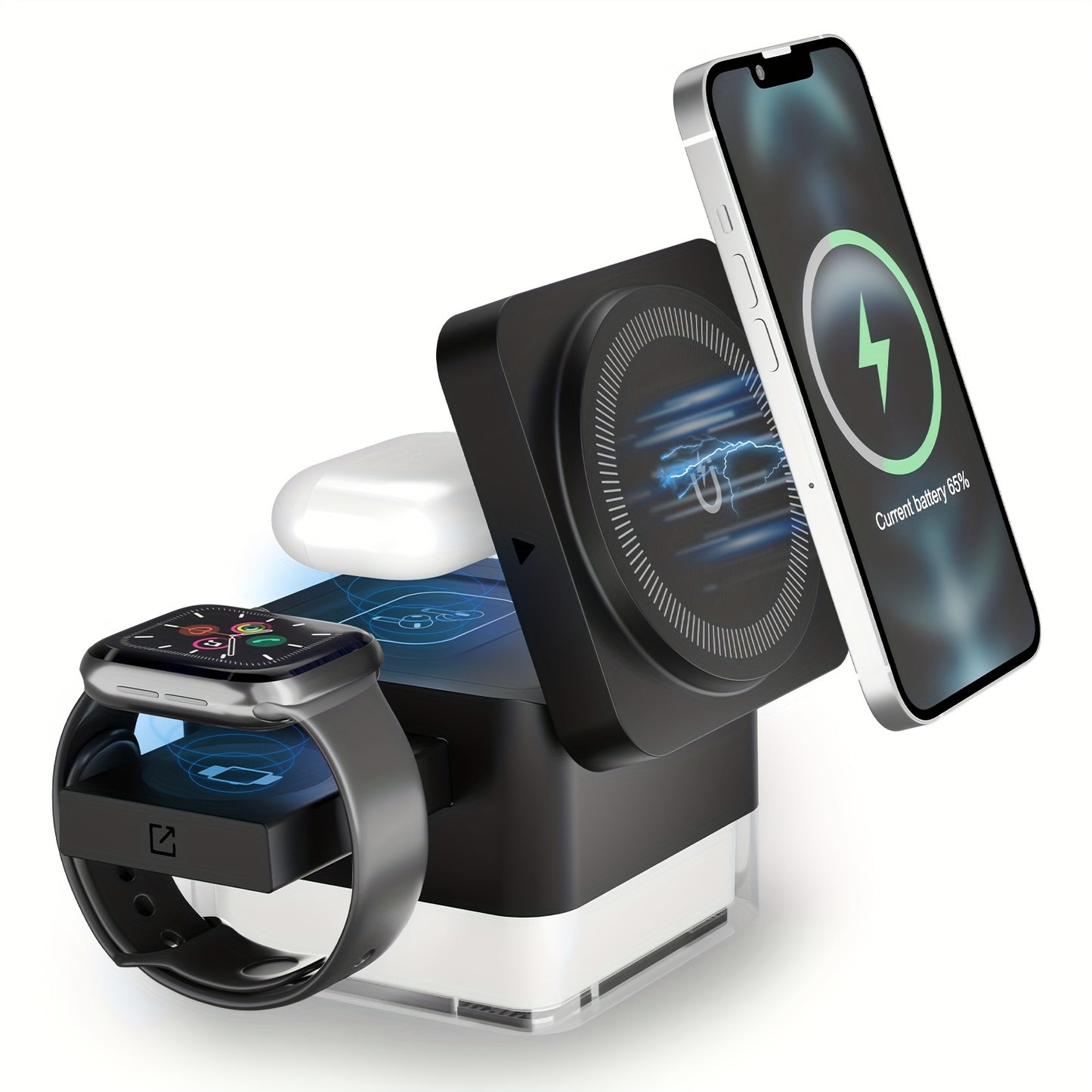 30W 3 in 1 Wireless Charger Wrieless Charging Station Foldable Cube Charger Stand for Multple Devices for iPhone 15/14/13/12