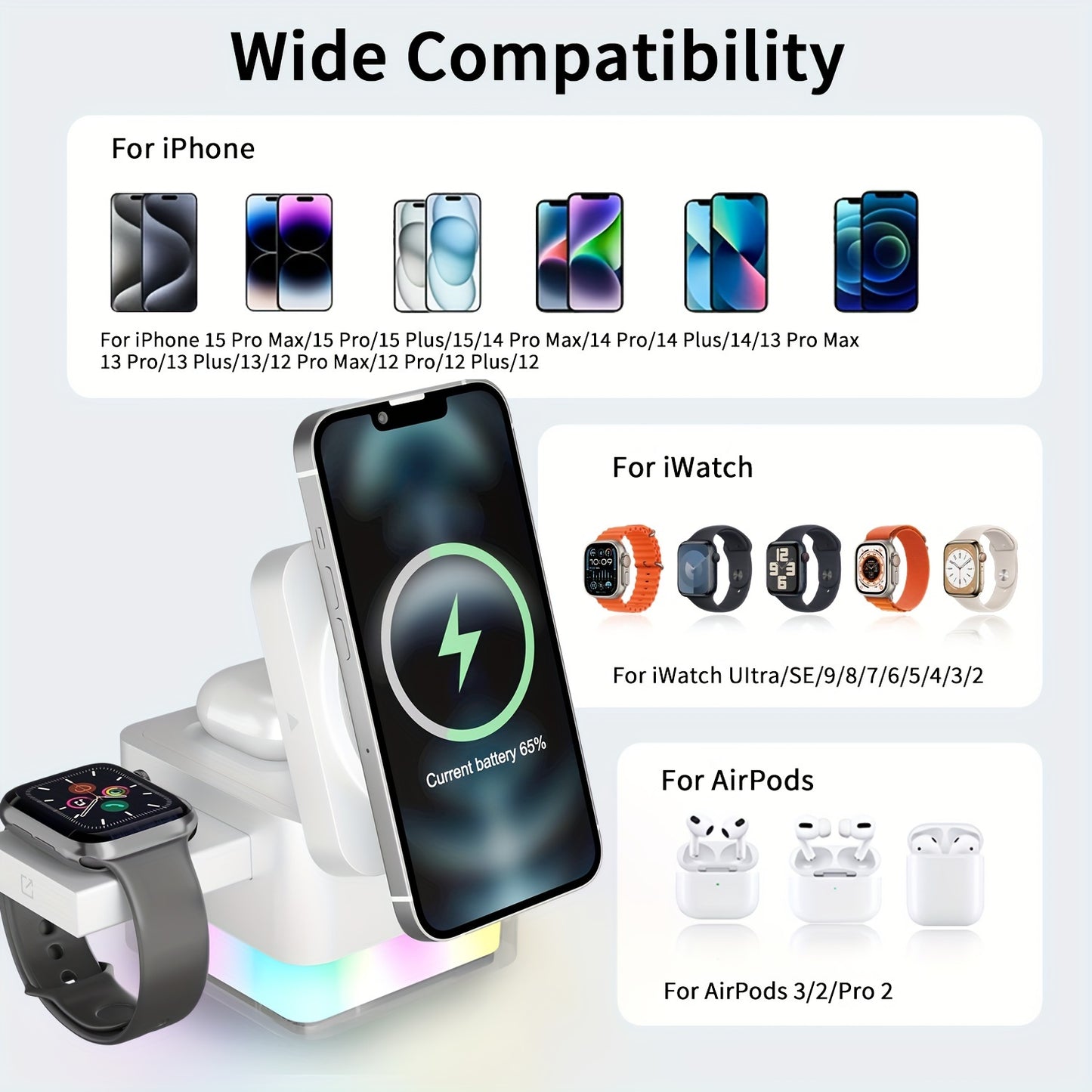 30W 3 in 1 Wireless Charger Wrieless Charging Station Foldable Cube Charger Stand for Multple Devices for iPhone 15/14/13/12