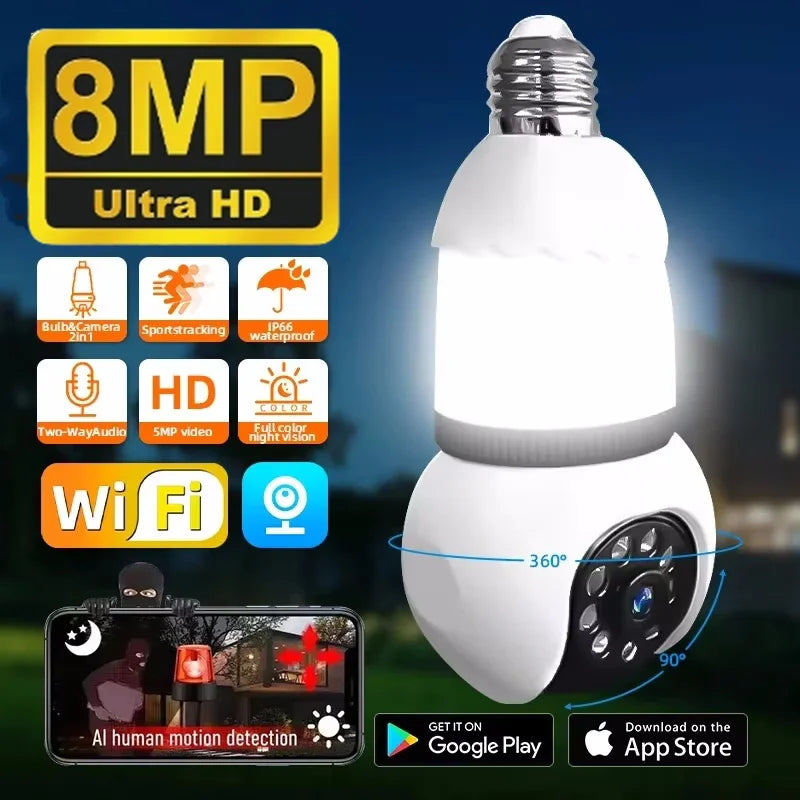 8MP E27 Bulb Wireless Camera LED Bulb&Cameras 2in1 WiFi Two-way Audio Security Surveillance CCTV Security PTZ Cam Smart Tracking