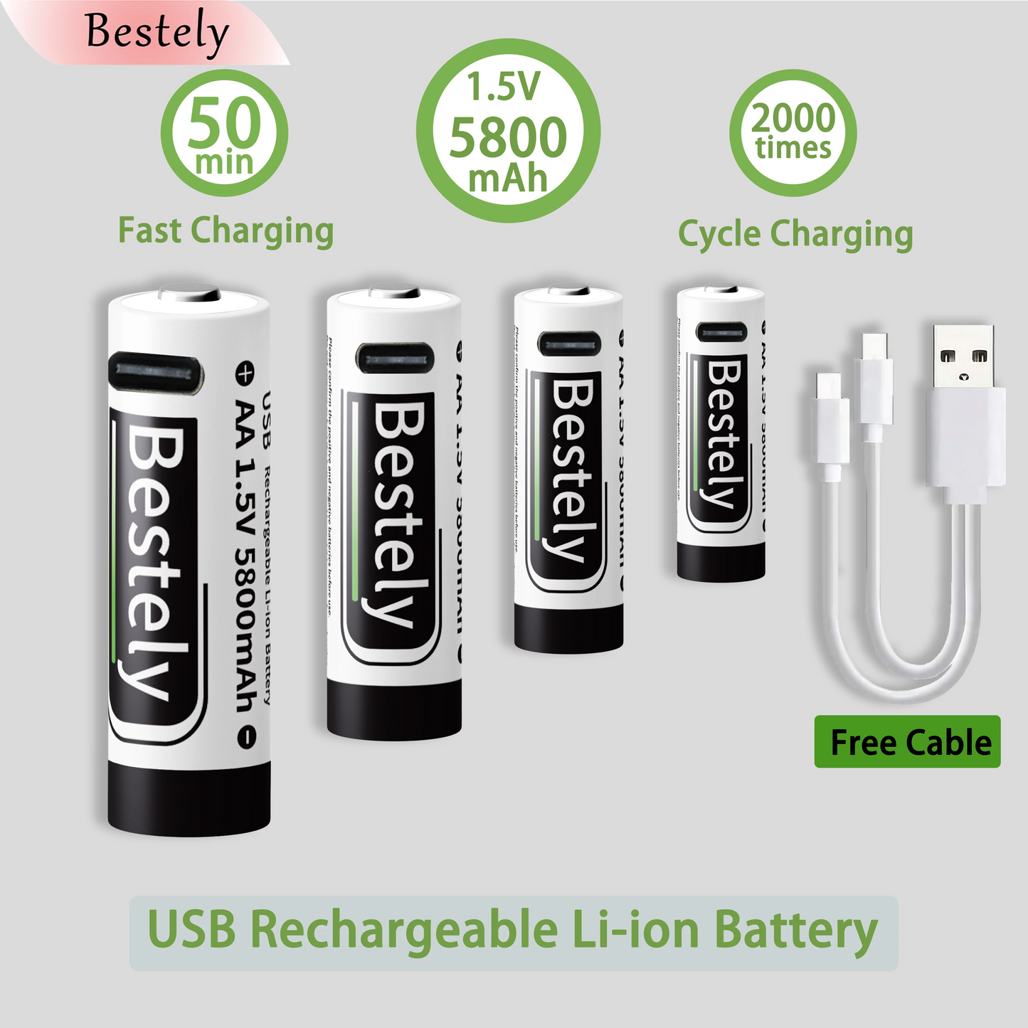 AA Rechargeable Batteries 1.5V 5800mAh Li-ion Battery Long-Lasting High Capacity Lithium,2000 Cycle with free USB-C cables