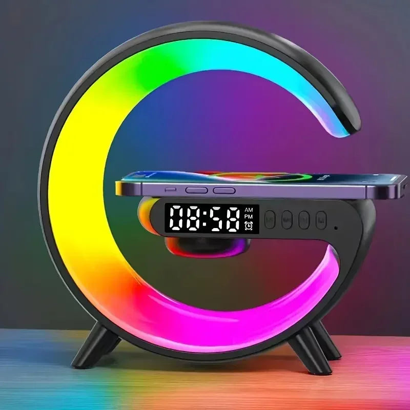 Chargeur sans fil multifonction avec haut-parleur et réveil lumineux RVB pour iPhone et Samsung