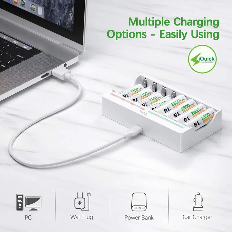4/8-slot For Ni-MH AA AAA Rechargeable Batteries USB Individual Battery Smart Charger with 5V 2A Fast Charging Function 1.2V
