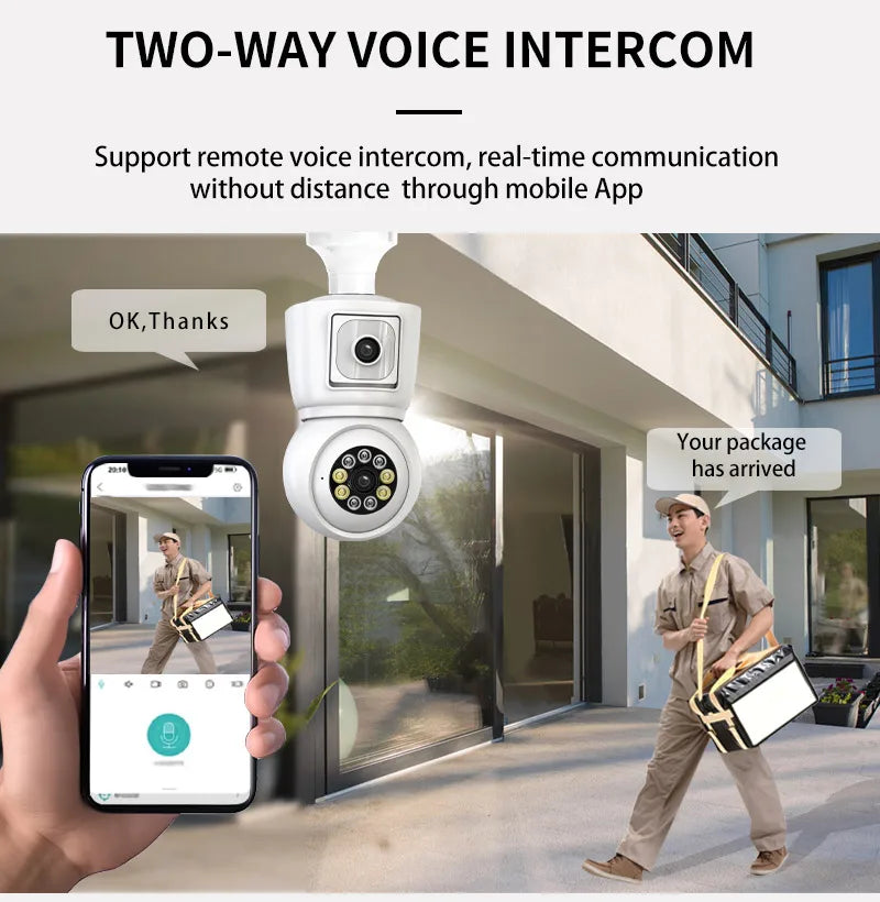E27 Bulb WiFi Camera Dual Lens Dual Screen Auto Tracking Two Way Audio Color Night Vision