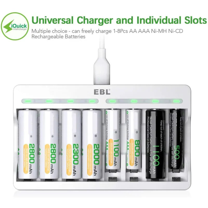 4/8-slot For Ni-MH AA AAA Rechargeable Batteries USB Individual Battery Smart Charger with 5V 2A Fast Charging Function 1.2V