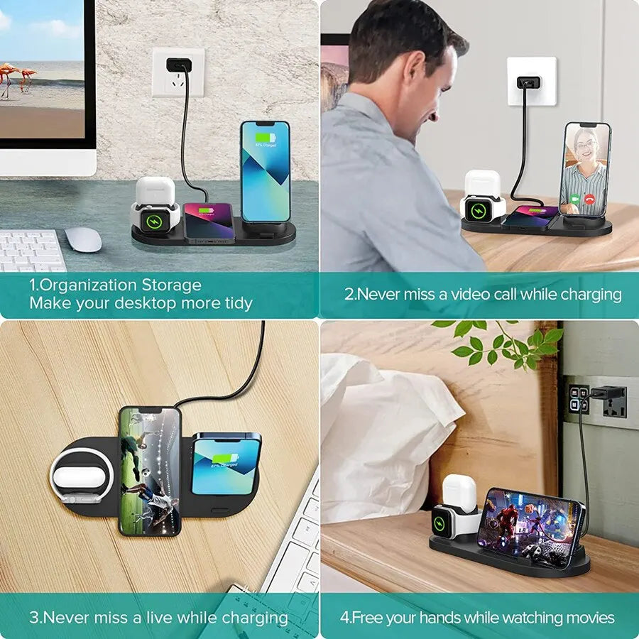 Support de chargeur sans fil 6 en 1 pour iPhone 15, 14, 13, 12 Pro Max, Apple Watch, Airpods, chargeurs de téléphone, station de charge rapide