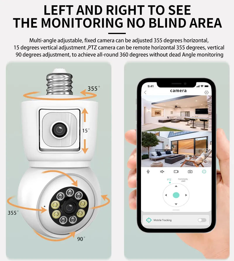 E27 Bulb WiFi Camera Dual Lens Dual Screen Auto Tracking Two Way Audio Color Night Vision