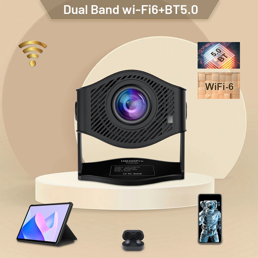 Mini projecteur 200 ANSI 1280*720P Android 11 Bluetooth Dual WiFi 6 pour cinéma