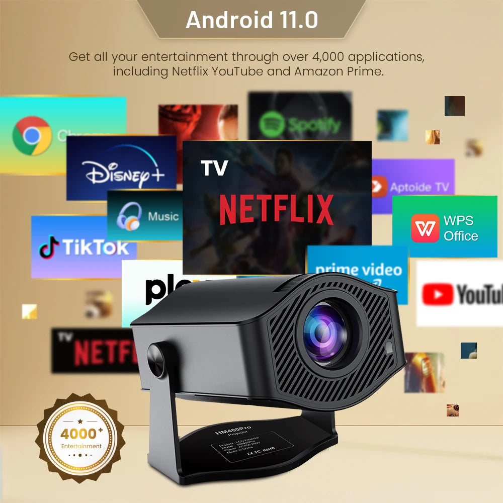 Mini projecteur 200 ANSI 1280*720P Android 11 Bluetooth Dual WiFi 6 pour cinéma