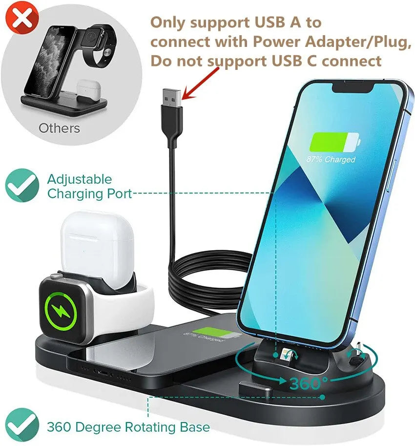 Support de chargeur sans fil 6 en 1 pour iPhone 15, 14, 13, 12 Pro Max, Apple Watch, Airpods, chargeurs de téléphone, station de charge rapide