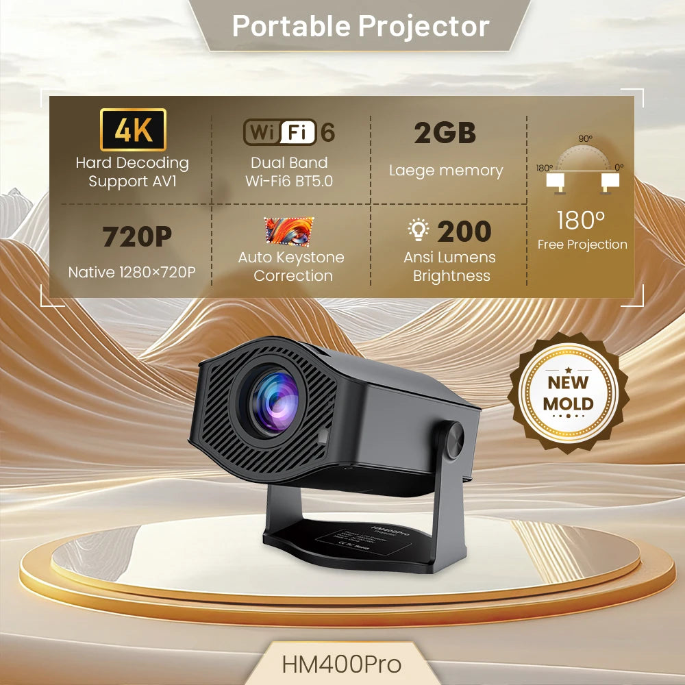 Mini projecteur 200 ANSI 1280*720P Android 11 Bluetooth Dual WiFi 6 pour cinéma