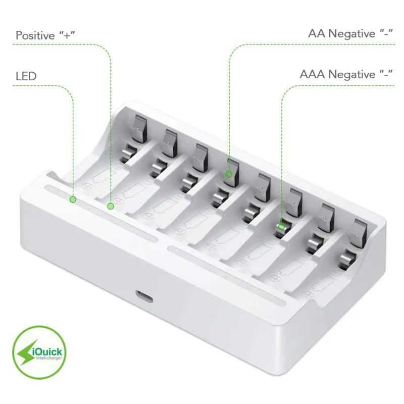 4/8-slot For Ni-MH AA AAA Rechargeable Batteries USB Individual Battery Smart Charger with 5V 2A Fast Charging Function 1.2V