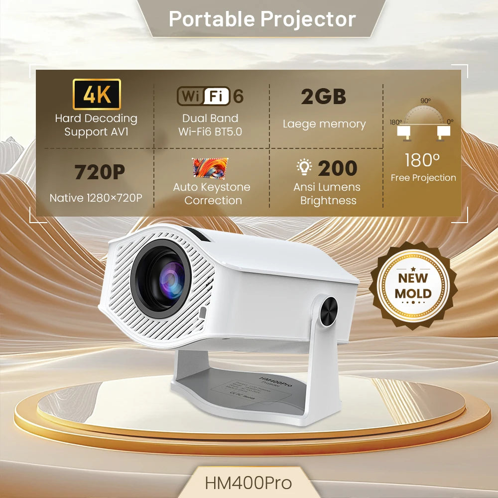 Mini projecteur 200 ANSI 1280*720P Android 11 Bluetooth Dual WiFi 6 pour cinéma