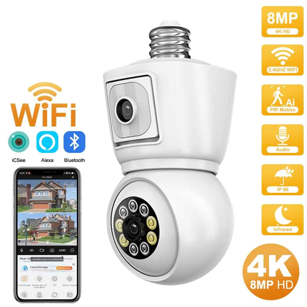 E27 Bulb WiFi Camera Dual Lens Dual Screen Auto Tracking Two Way Audio Color Night Vision