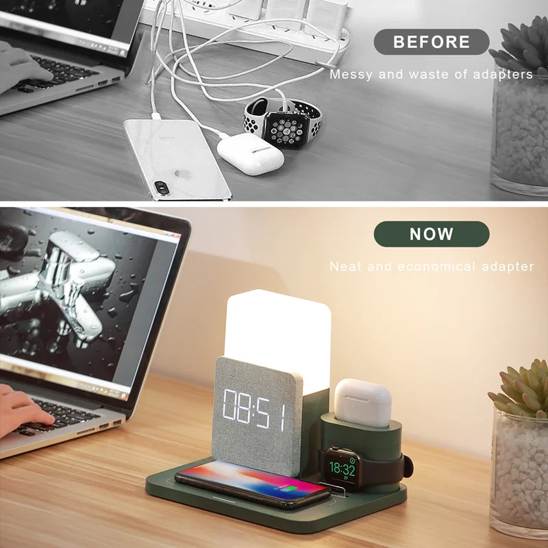 Lampe LED multifonctionnelle à charge rapide, réveil, lampe de table, station de charge sans fil, montre, écouteurs
