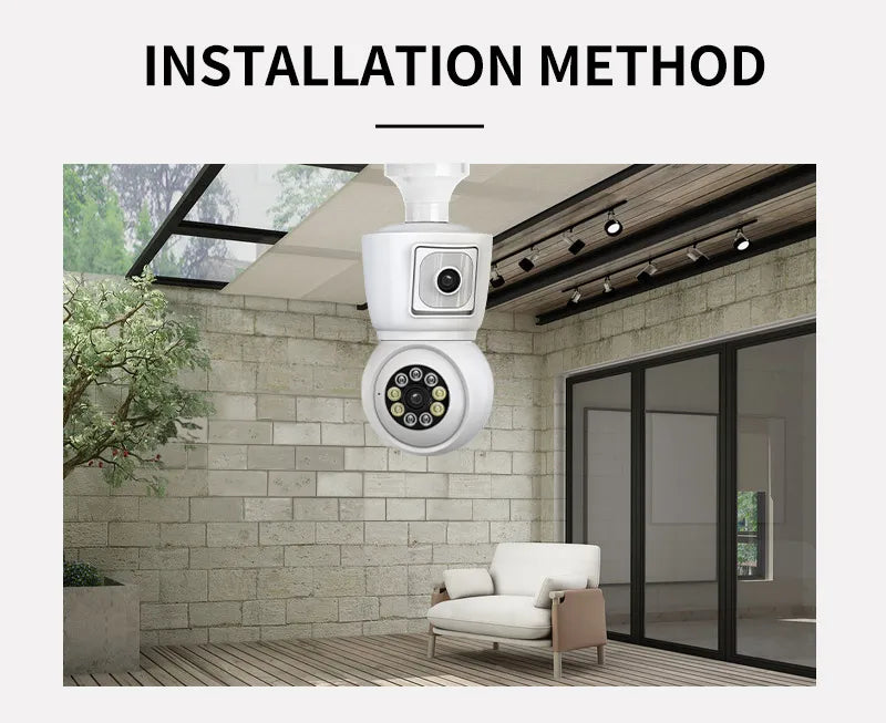E27 Bulb WiFi Camera Dual Lens Dual Screen Auto Tracking Two Way Audio Color Night Vision