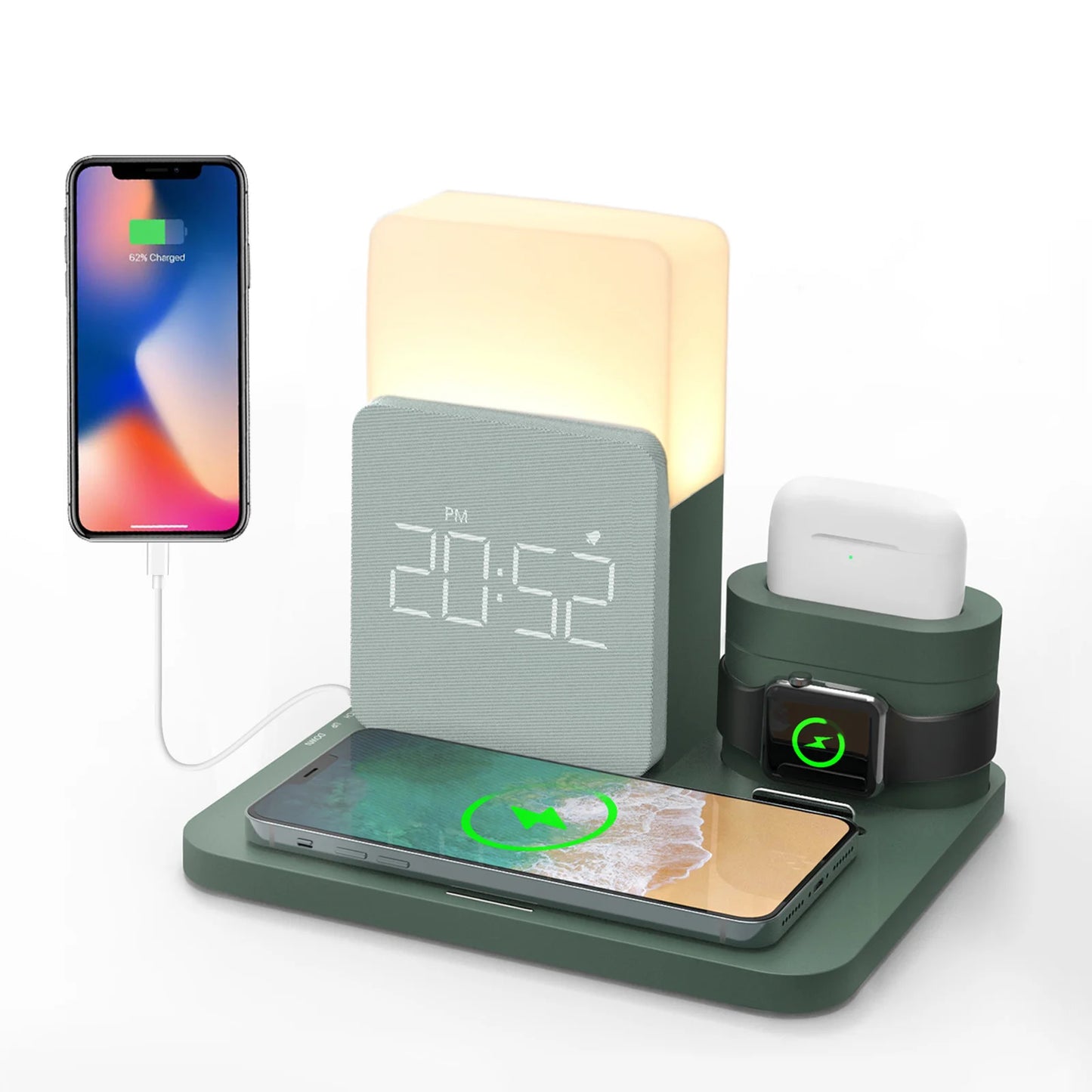 Lampe LED multifonctionnelle à charge rapide, réveil, lampe de table, station de charge sans fil, montre, écouteurs