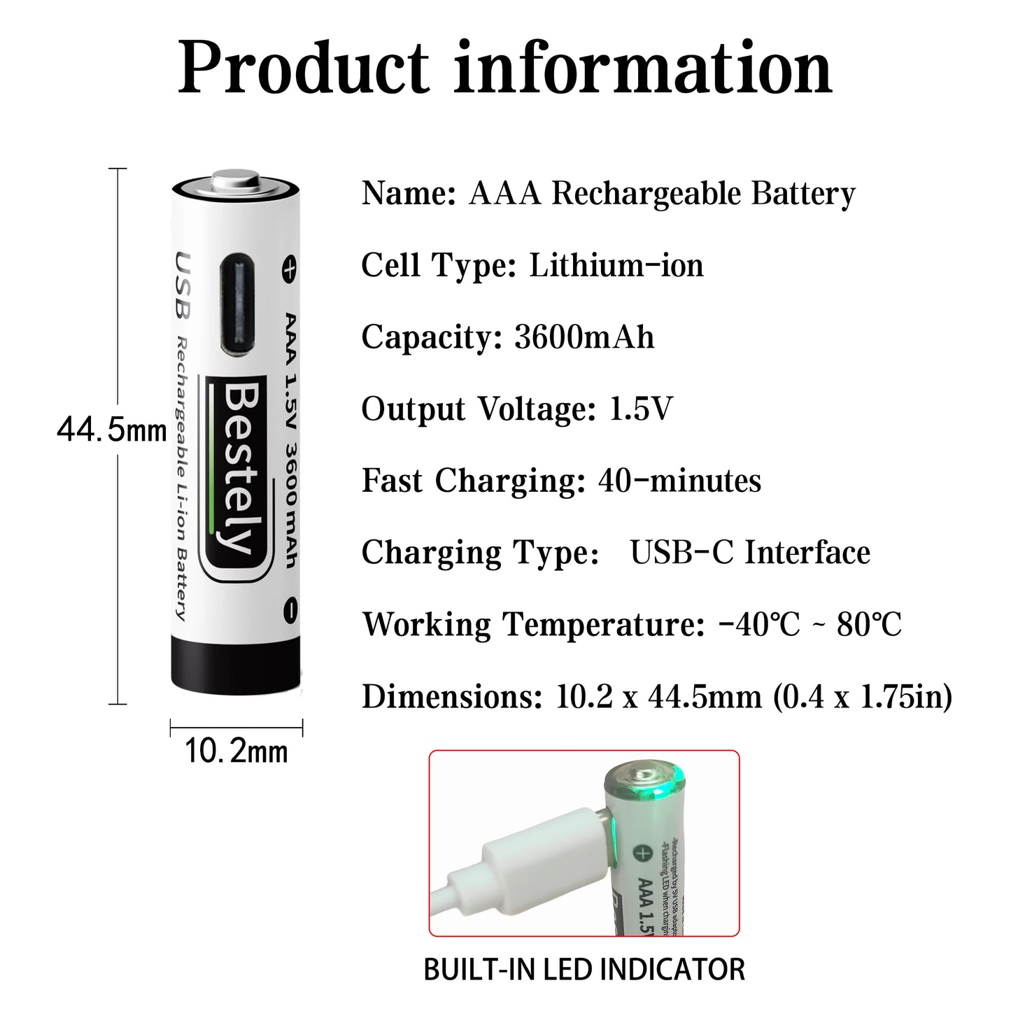 1.5V AAA 3600mAh Rechargeable Lithium Battery High Capacity Li-ion Battery USB-C Fast Charging