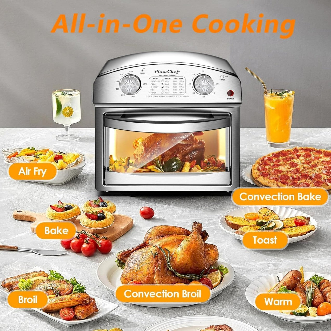 Stainless Steel 13 Qt Air Fryer, Dual Knob Control, 60-Min Timer, Presets For French Fries, Pizza, Chicken, Fish, And Toast Sleek Design, Healthy Cookie