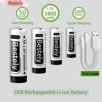 AA Rechargeable Batteries 1.5V 5800mAh Li-ion Battery Long-Lasting High Capacity Lithium,2000 Cycle with free USB-C cables