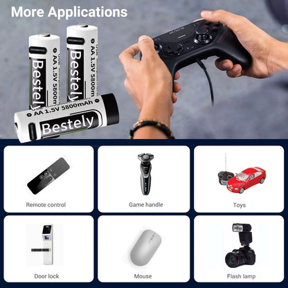 AA Rechargeable Batteries 1.5V 5800mAh Li-ion Battery Long-Lasting High Capacity Lithium,2000 Cycle with free USB-C cables