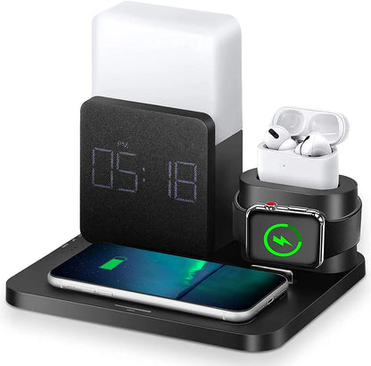 Lampe LED multifonctionnelle à charge rapide, réveil, lampe de table, station de charge sans fil, montre, écouteurs 