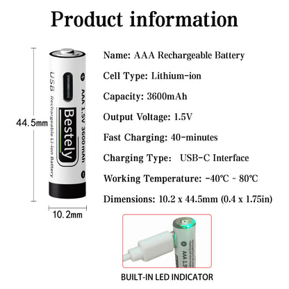 1.5V AAA 3600mAh Rechargeable Lithium Battery High Capacity Li-ion Battery USB-C Fast Charging